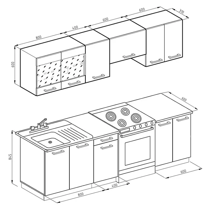 Vicco Küchenzeile Raul Edelgrau/Weiß, AP Marmor mit LED-Leisten - Edelgrau, Ohne Elektrogeräte - Detaillierte Strichzeichnung eines modularen Küchensets mit Ober- und Unterschränken, Spüle und Herd. Maße sind angegeben.