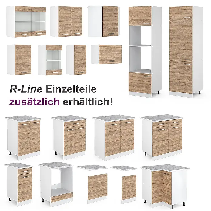 Vicco Küchenzeile Raul Sonoma/Weiß, AP Marmor mit LED-Leisten - Sonoma, Ohne Elektrogeräte - Modulare Küchenschränke in Holzoptik und Weiß, inklusive Hängeschränken, Unterschränken mit Arbeitsplatten und Hochschränken.