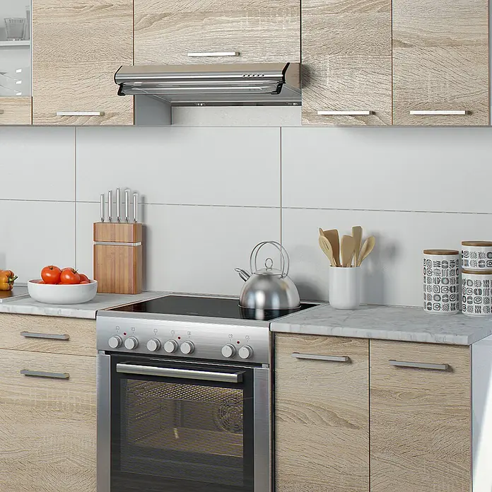 Vicco Küchenzeile Raul Sonoma/Weiß, AP Marmor mit LED-Leisten - Sonoma, Ohne Elektrogeräte - Moderne Küche mit hellen Holzmaserungsschränken, Edelstahlherd und Dunstabzugshaube.