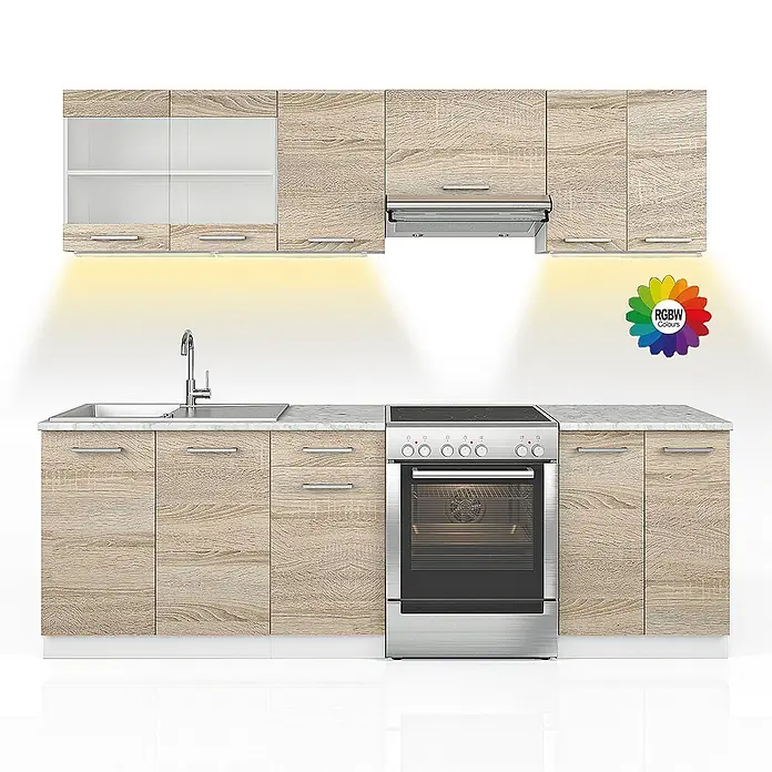 Vicco Küchenzeile Raul Sonoma/Weiß, AP Marmor mit LED-Leisten - Sonoma, Ohne Elektrogeräte - Komplettes Küchenset mit hellen Eichenschränken, weißer Marmor-Arbeitsplatte, Spüle, freistehendem Backofen und RGBW Unterschrankbeleuchtung.