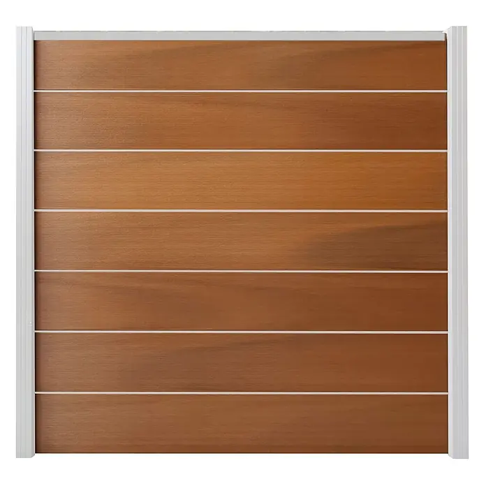 GartenLand Steckzaun-Element Ameland Exclusive Co-extrudiert - B x H: 180 x 180 cm, Mahagoni, Verbundwerkstoff - Braunes Holz-Zaunelement mit horizontalen Lamellen und weißem Rahmen.