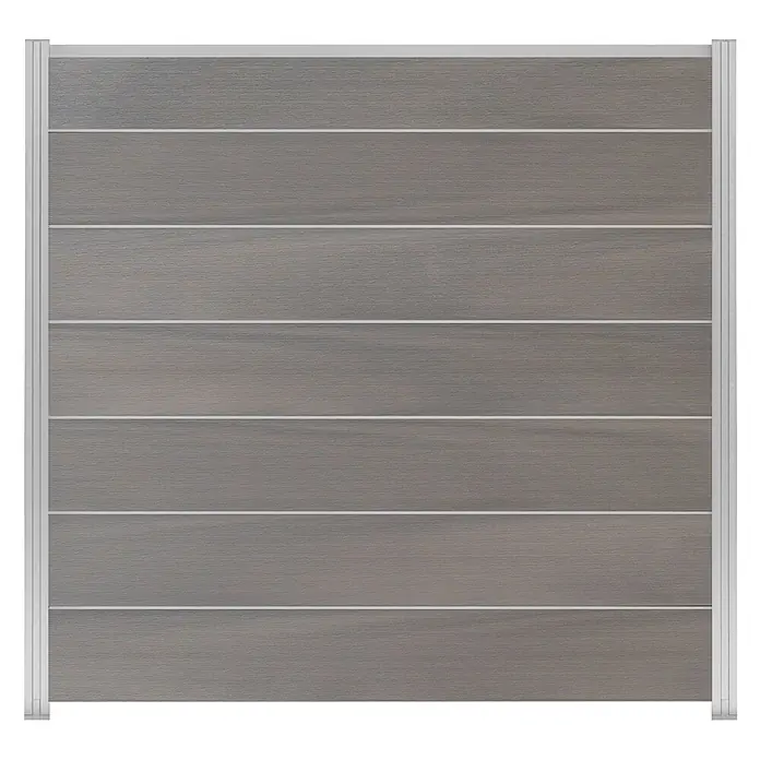 GartenLand Steckzaun-Element Ameland Exclusive Co-extrudiert - Ameythstgrau, Verbundwerkstoff - Grau gemasertes Sichtschutzelement mit horizontalen Lamellen und silbernem Aluminiumrahmen.