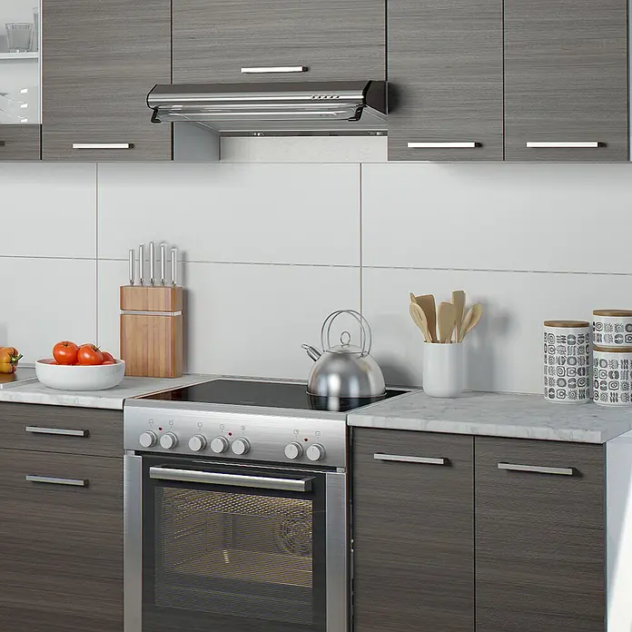 Vicco Küchenzeile Raul Edelgrau/Weiß, AP Marmor mit LED-Leisten - Edelgrau, Ohne Elektrogeräte - Moderne Küche mit grauen Holzschränken, integriertem Edelstahlbackofen, Kochfeld und Dunstabzugshaube.