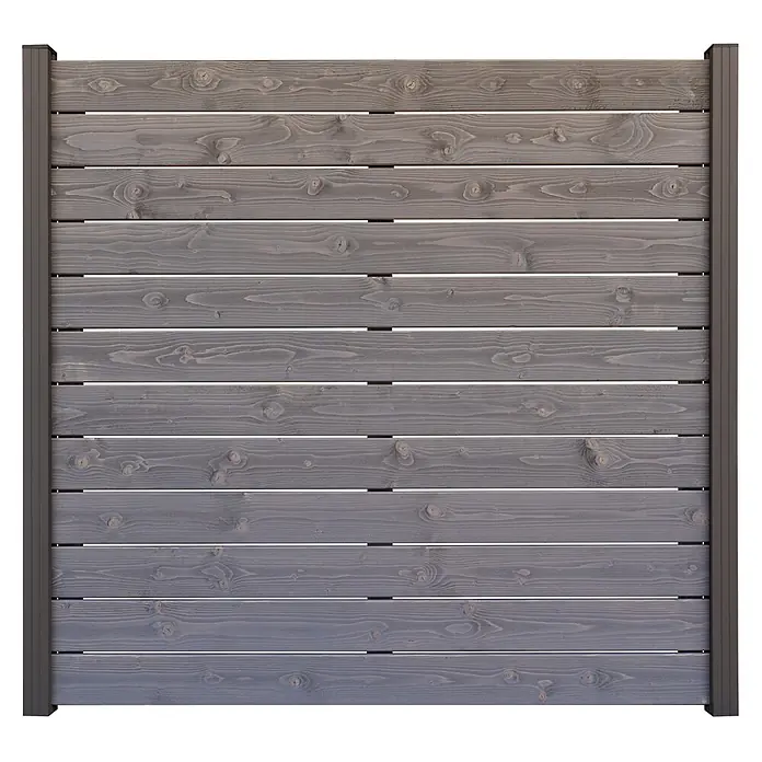 GartenLand Steckzaun-Element Manchester - Grau, Holz - Graues Holzzaunpaneel mit horizontalen Latten und dunkelgrauen Metallpfosten.