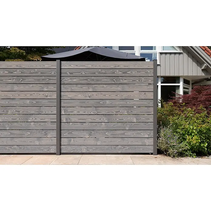 GartenLand Steckzaun-Element Manchester - Grau, Holz - Grauer Sichtschutzzaun aus Holz mit horizontalen Latten und dunklen Pfosten.