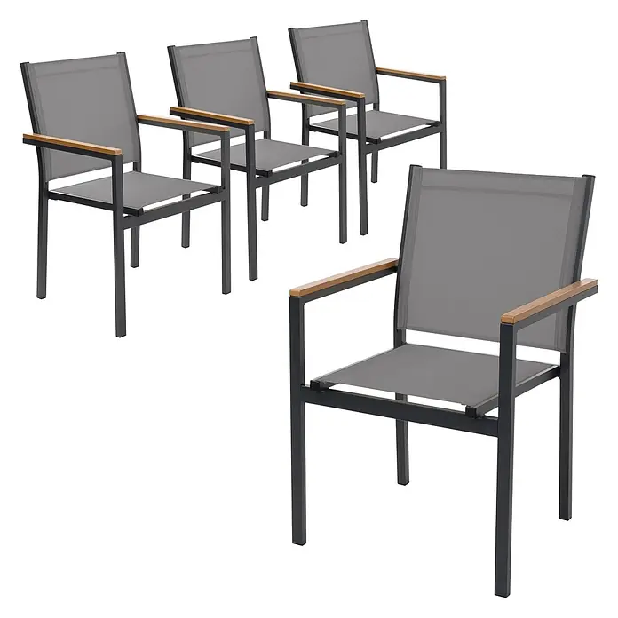 ML-Design Gartenstuhl-Set 4er Set Gartenstühle mit Armlehnen-Holzoptik - 4 Stk., Aluminium, pulverbeschichtet, Textilene (2x1), Polywood, Dunkelgrau - Vier dunkelgraue Gartenstühle mit Netzbespannung und Holzarmlehnen.