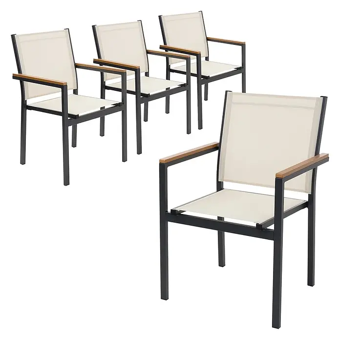 ML-Design Gartenstuhl-Set 4er Set Gartenstühle mit Armlehnen-Holzoptik - 4 Stk., Aluminium, pulverbeschichtet, Textilene (2x1), Polywood, Beige - Vier Gartenstühle mit dunkelgrauen Metallrahmen, hellbeigen Textilsitzen und Rückenlehnen sowie Holzarmlehnen.