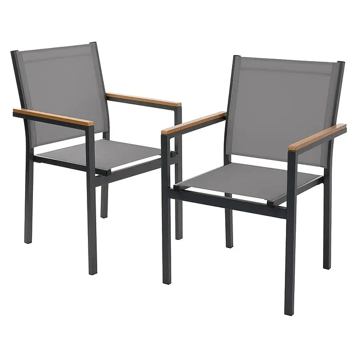 ML-Design Gartenstuhl-Set 2er Set Gartenstühle mit Armlehnen-Holzoptik - 2 Stk., Aluminium, pulverbeschichtet, Textilene (2x1), Polywood, Dunkelgrau - Zwei dunkelgraue Gartenstühle aus Metall mit grauen Stoffsitzen und -lehnen und hellen Holzarmlehnen.