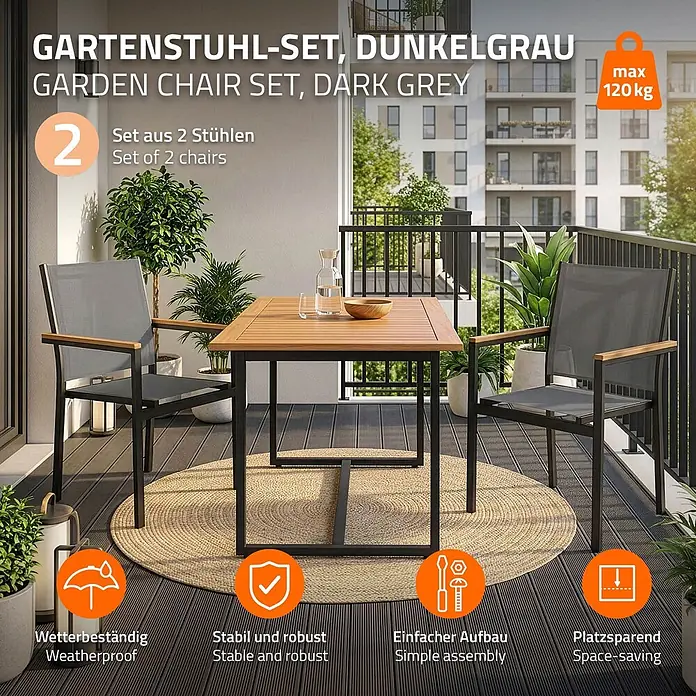 ML-Design Gartenstuhl-Set 2er Set Gartenstühle mit Armlehnen-Holzoptik - 2 Stk., Aluminium, pulverbeschichtet, Textilene (2x1), Polywood, Dunkelgrau - Dunkelgraues Gartenstuhl-Set mit Holzarmlehnen und passendem Holztisch auf einem Balkon.