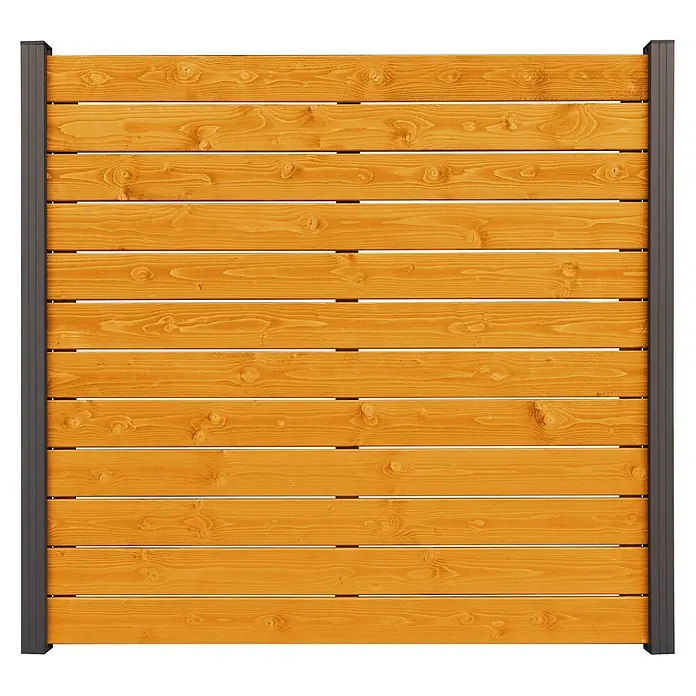 GartenLand Steckzaun-Element Manchester - B x H: 180 x 180 cm, Braun, Holz - Horizontaler Holzzaun mit dunkelgrauen Metallpfosten.