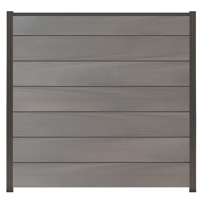 GartenLand Steckzaun-Element Ameland Exclusive Co-extrudiert - B x H: 180 x 180 cm, Ameythstgrau, Verbundwerkstoff - Graues Verbundzaunfeld mit horizontalen Latten und dunkelgrauem Rahmen.