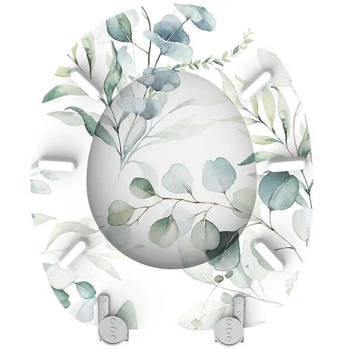 SANILO WC-Sitz Eukalyptus - MDF, Weiß, Ohne Absenkautomatik - Toilettensitz mit Aquarell-Eukalyptusblatt-Design.