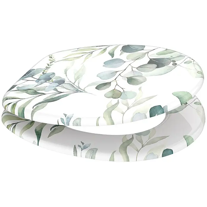 SANILO WC-Sitz Eukalyptus - MDF, Weiß, Ohne Absenkautomatik - Weißer Toilettensitz mit grüner Blättermusterung im Aquarellstil, darunter Eukalyptus.
