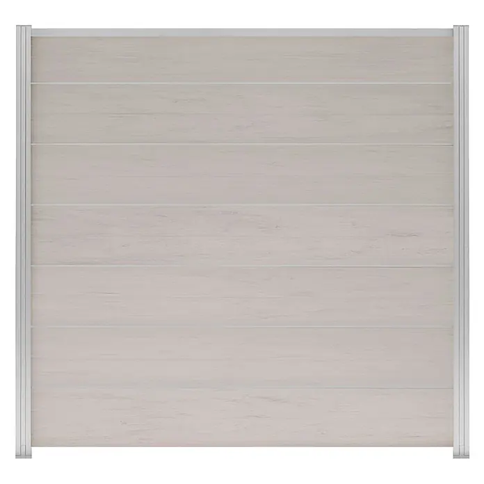GartenLand Steckzaun-Element Ameland Exclusive - B x H: 180 x 180 cm, Sand-Multicolor, Verbundwerkstoff - Sichtschutzzaun in heller Holzoptik mit silbernem Aluminiumrahmen.