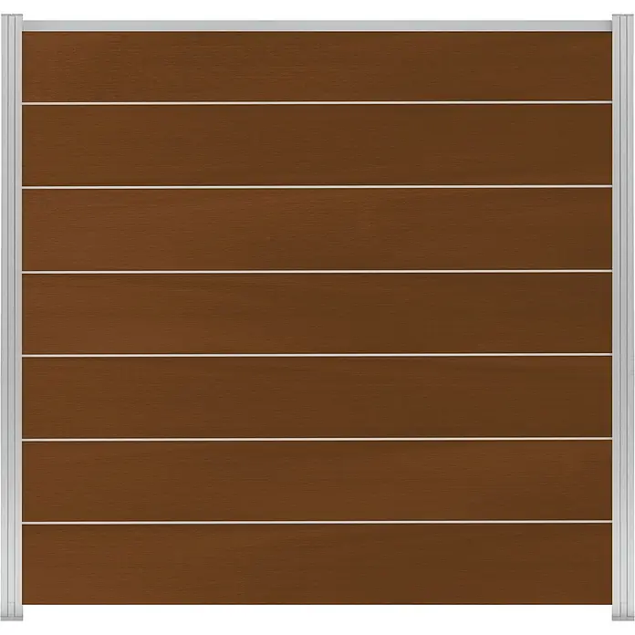 GartenLand Steckzaun-Element Ameland Exclusive Co-extrudiert - B x H: 180 x 180 cm, Ipé, Verbundwerkstoff - Braunes, horizontal gegliedertes Garagentor mit strukturierter Oberfläche und silbernen Rahmen.