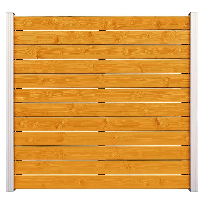 GartenLand Steckzaun-Element Manchester - B x H: 180 x 180 cm, Braun, Holz - Holzzaunfeld mit horizontalen hellbraunen Lamellen und silbernen Metallpfosten.
