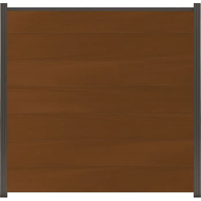 GartenLand Steckzaun-Element Ameland Co-extrudiert - B x H: 180 x 180 cm, Ipé, Verbundwerkstoff - Braunes Zaunpaneel mit horizontalen Holzlamellen und dunkelgrauem Rahmen.