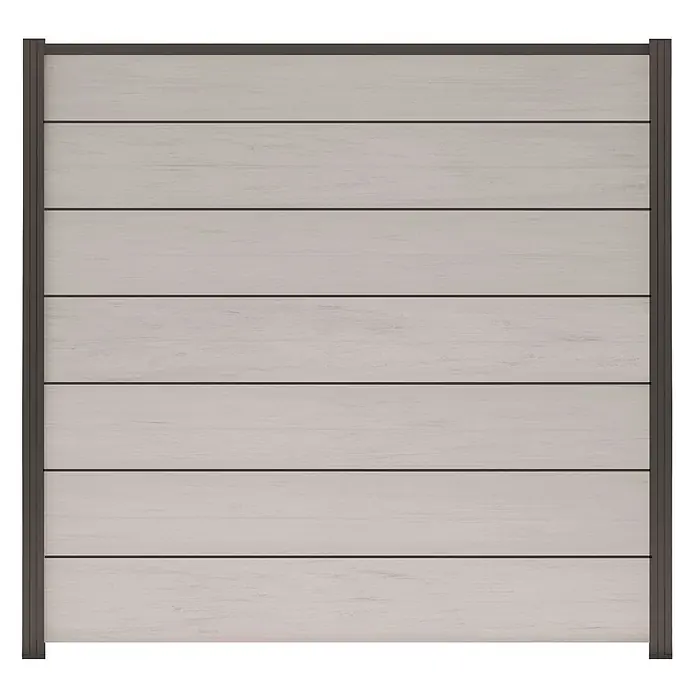 GartenLand Steckzaun-Element Ameland Exclusive - B x H: 180 x 180 cm, Sand-Multicolor, Verbundwerkstoff - Sichtschutzelement mit hellgrauen horizontalen Lamellen und dunkelgrauem Rahmen.