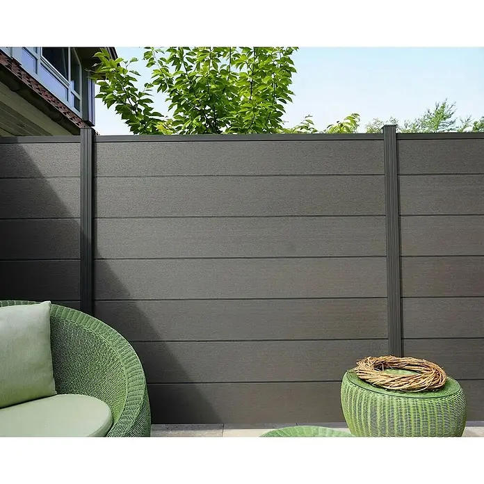 GartenLand Steckzaun-Element Ameland Exclusive - B x H: 180 x 180 cm, Anthrazit, Verbundwerkstoff - Anthrazitfarbene WPC-Sichtschutzwand im Garten, bestehend aus horizontalen Paneelen.