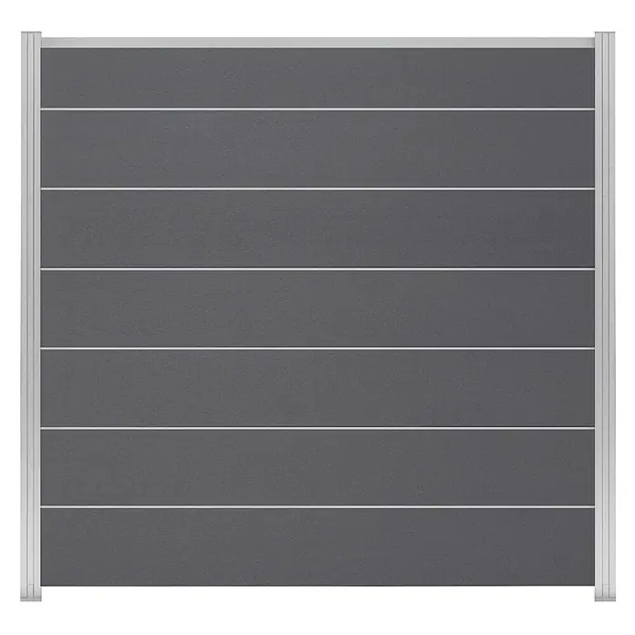 GartenLand Steckzaun-Element Ameland Exclusive - B x H: 180 x 180 cm, Schiefergrau, Verbundwerkstoff - Dunkelgrauer Sichtschutz mit silbernem Rahmen und horizontalen Zierstreifen.