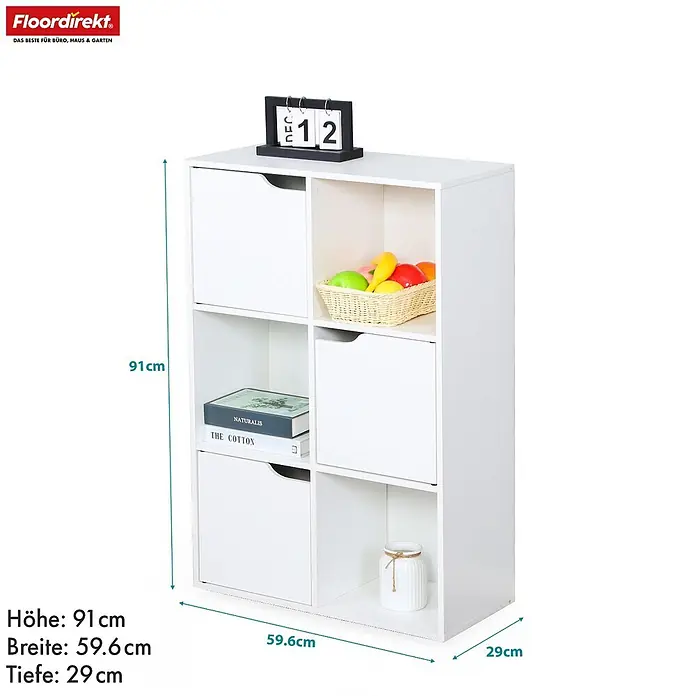Floordirekt Holzregal Bücherregal Connecticut mit 6 Fächern - Anzahl Böden: 6 Stk., Schrauben - Weißes Würfelregal mit sechs Fächern, teils mit Türen. Maße: 91x59.6x29 cm.