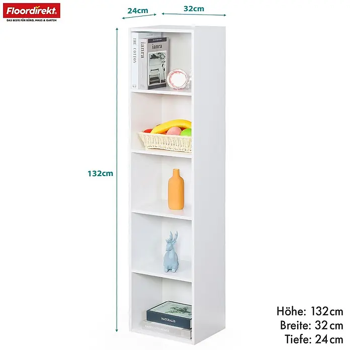 Floordirekt Holzregal Bücherregal Alaska mit 4 Ebenen - Anzahl Böden: 5 Stk., Schrauben - Weißes, schmales 5-stöckiges Regal, 132x32x24cm (HxBxT), für vielseitige Aufbewahrung.