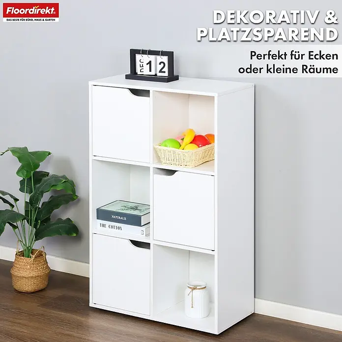 Floordirekt Holzregal Bücherregal Connecticut mit 6 Fächern - Anzahl Böden: 6 Stk., Schrauben - Weißes Kubus-Regal mit sechs Fächern, teils mit Türen, für Deko und Bücher, ideal zur platzsparenden Organisation.