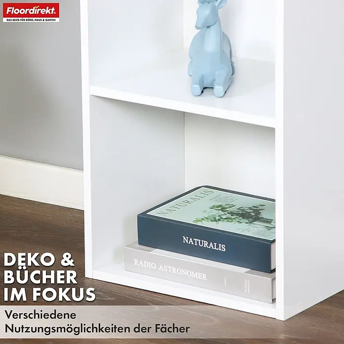 Floordirekt Holzregal Bücherregal Alaska mit 4 Ebenen - Anzahl Böden: 5 Stk., Schrauben - Weiße Regaleinheit mit mehreren Fächern, genutzt zur Präsentation von Büchern und Dekoartikeln.