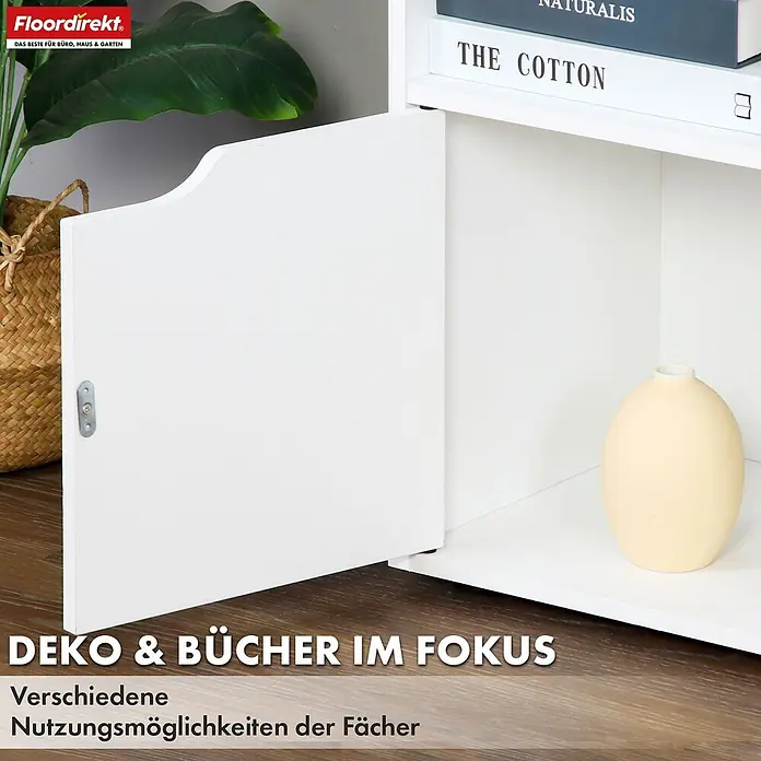 Floordirekt Holzregal Bücherregal Connecticut mit 6 Fächern - Anzahl Böden: 6 Stk., Schrauben - Weißes Modulregal mit offener Tür, zeigt ein Fach mit Vase und einem darüberliegenden Regal mit Büchern.