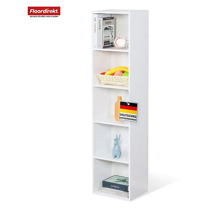 Floordirekt Holzregal Bücherregal Alaska mit 4 Ebenen - Anzahl Böden: 5 Stk., Schrauben - Hohes, schmales, weißes Bücherregal aus Holz mit fünf offenen Fächern für Bücher und Dekoration.