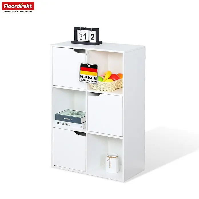 Floordirekt Holzregal Bücherregal Connecticut mit 6 Fächern - Anzahl Böden: 6 Stk., Schrauben - Weißes, modulares Regal mit Fächern und Türen zur Aufbewahrung.