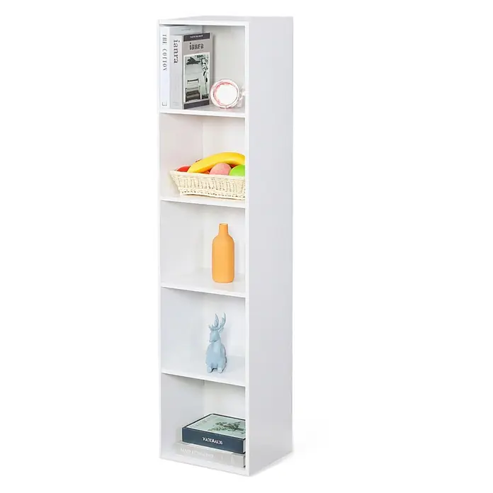 Floordirekt Holzregal Bücherregal Alaska mit 4 Ebenen - Anzahl Böden: 5 Stk., Schrauben - Weißes, schmales 5-stöckiges Regal mit offenen Fächern für Bücher und Dekoration.