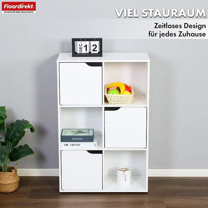 Floordirekt Holzregal Bücherregal Connecticut mit 6 Fächern - Anzahl Böden: 6 Stk., Schrauben - Weißes Würfelregal mit offenen Fächern und Türen für vielseitigen Stauraum.