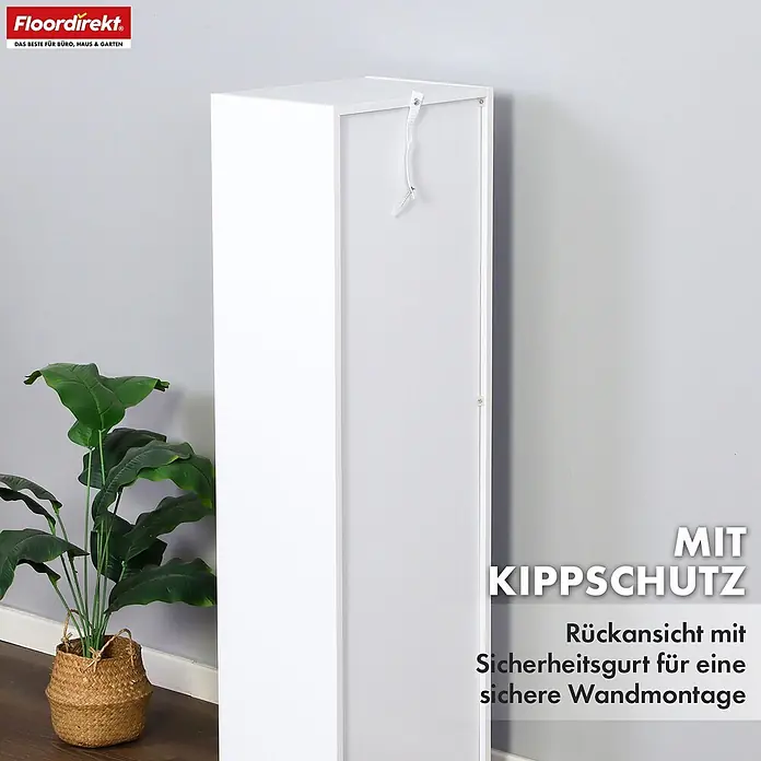 Floordirekt Holzregal Bücherregal Alaska mit 4 Ebenen - Anzahl Böden: 4 Stk., Schrauben - Weißer Hochschrank, Rückansicht mit Kippschutz-Sicherheitsgurt für die Wandmontage.