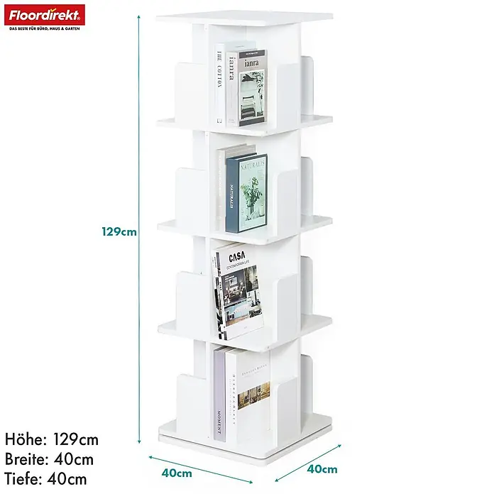 Floordirekt Holzregal Bücherregal Indiana mit 4 Etagen - Anzahl Böden: 16 Stk., Schrauben - Weißes Drehbücherregal, 129x40x40cm, mit Büchern gefüllt.