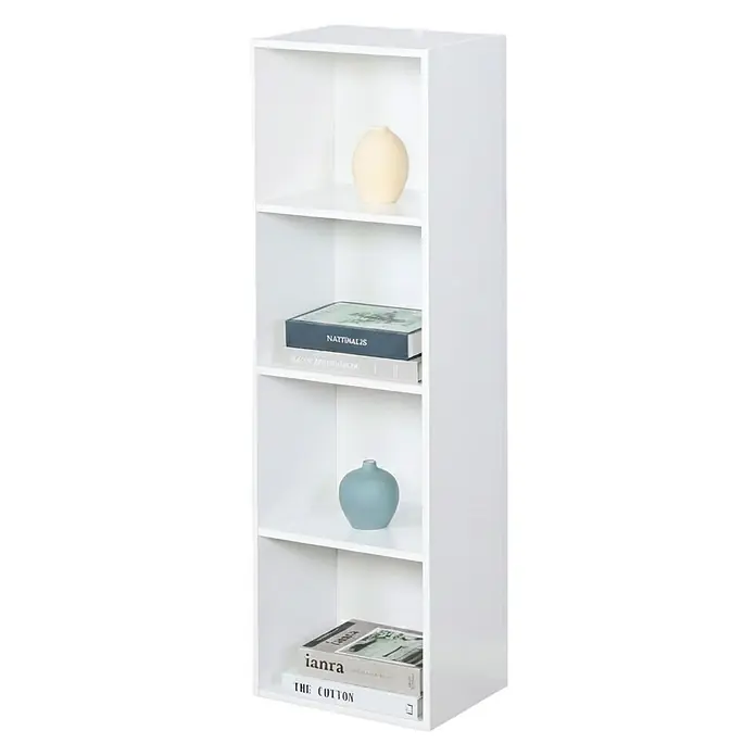 Floordirekt Holzregal Bücherregal Alaska mit 4 Ebenen - Anzahl Böden: 4 Stk., Schrauben - Schmales, weißes Bücherregal mit vier offenen Fächern, das Bücher und Deko-Vasen präsentiert.