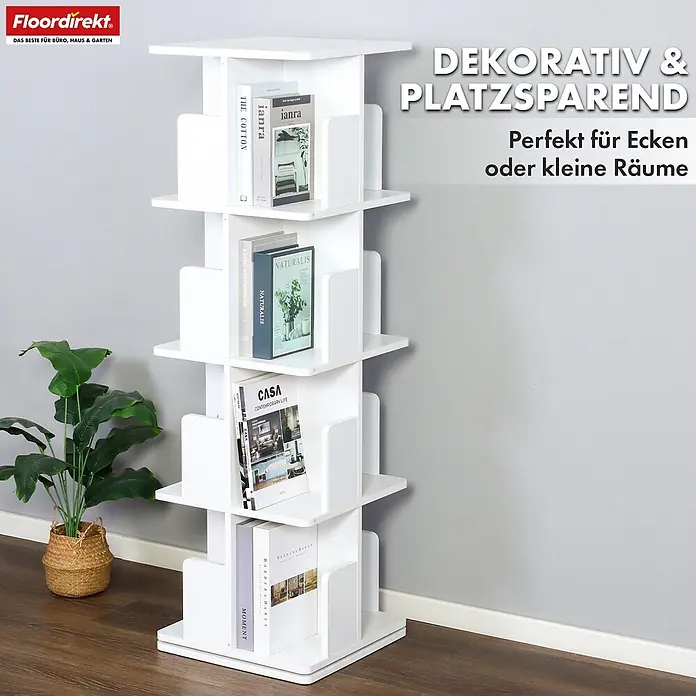 Floordirekt Holzregal Bücherregal Indiana mit 4 Etagen - Anzahl Böden: 16 Stk., Schrauben - Weißes drehbares Bücherregal für Bücher, platzsparend und dekorativ, ideal für Ecken oder kleine Räume.