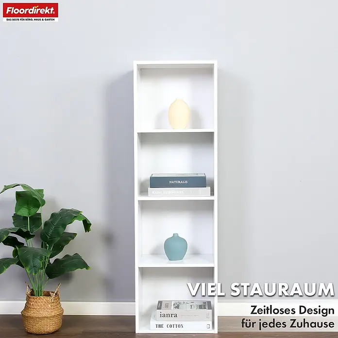 Floordirekt Holzregal Bücherregal Alaska mit 4 Ebenen - Anzahl Böden: 4 Stk., Schrauben - Hohes, schmales weißes Bücherregal mit fünf Fächern, in einem Raum mit Pflanze.
