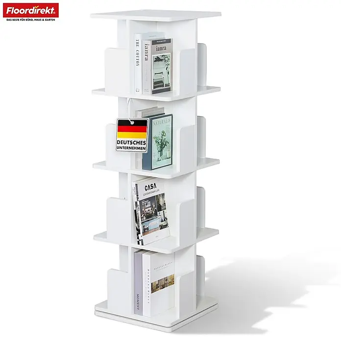 Floordirekt Holzregal Bücherregal Indiana mit 4 Etagen - Anzahl Böden: 16 Stk., Schrauben - Weißes, mehrstöckiges, drehbares Bücherregal für Bücher.