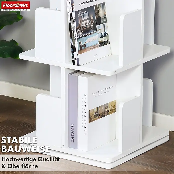Floordirekt Holzregal Bücherregal Indiana mit 4 Etagen - Anzahl Böden: 16 Stk., Schrauben - Weißes, drehbares Bücherregal mit Büchern, stabiler Konstruktion und hochwertiger Oberfläche.