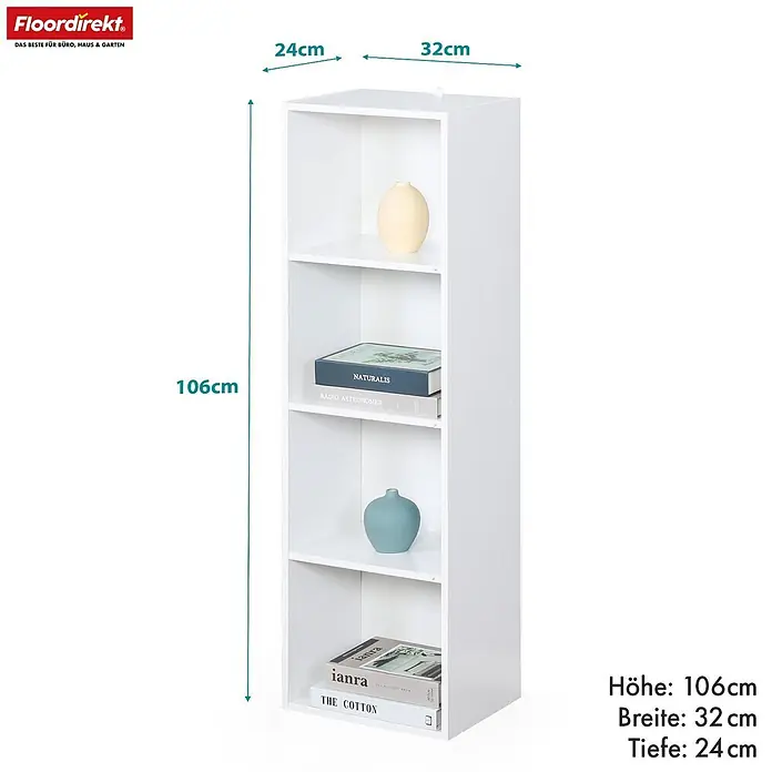 Floordirekt Holzregal Bücherregal Alaska mit 4 Ebenen - Anzahl Böden: 4 Stk., Schrauben - Weißes, hohes, schmales Regal mit vier offenen Fächern, 106cm hoch, 32cm breit und 24cm tief.