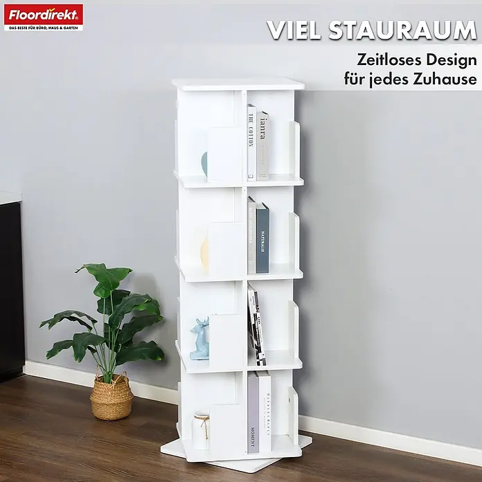Floordirekt Holzregal Bücherregal Indiana mit 4 Etagen - Anzahl Böden: 16 Stk., Schrauben - Weißes, drehbares Bücherregal mit mehreren Fächern, gefüllt mit Büchern und Deko, in einem Wohnraum.