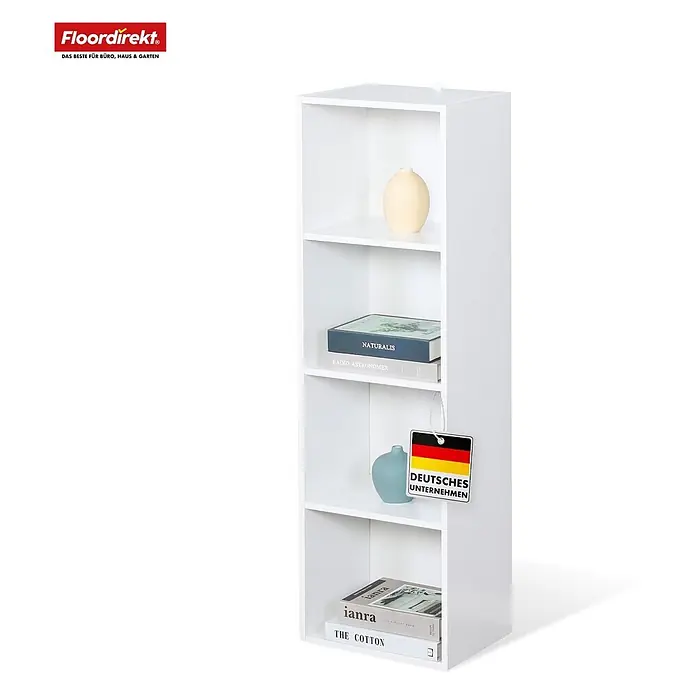 Floordirekt Holzregal Bücherregal Alaska mit 4 Ebenen - Anzahl Böden: 4 Stk., Schrauben - Weißes, minimalistisches 4-stöckiges Bücherregal mit Büchern und Vasen, ideal für Büro oder Wohnzimmer.