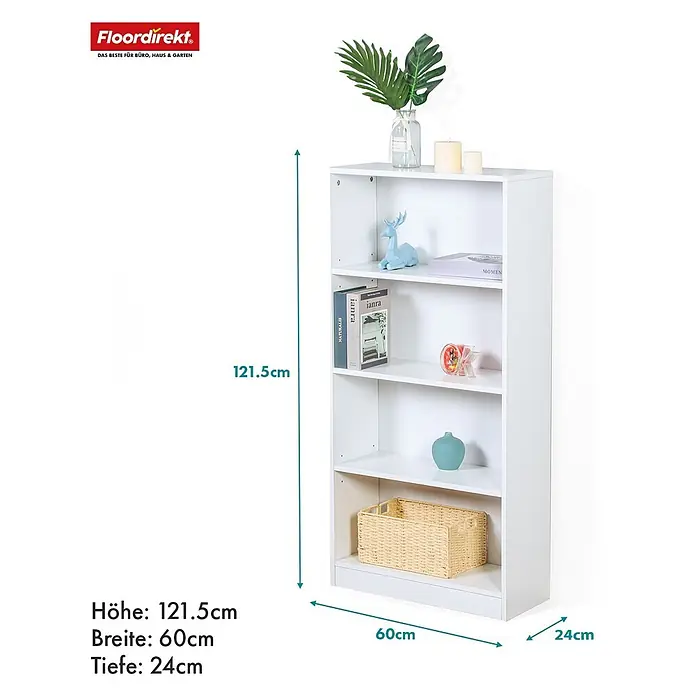 Floordirekt Holzregal Bücherregal Maine mit 4 Etagen - Anzahl Böden: 4 Stk., Schrauben - Weißes Regal mit 4 Böden, 121,5cm H, 60cm B, 24cm T, für Bücher und Deko.