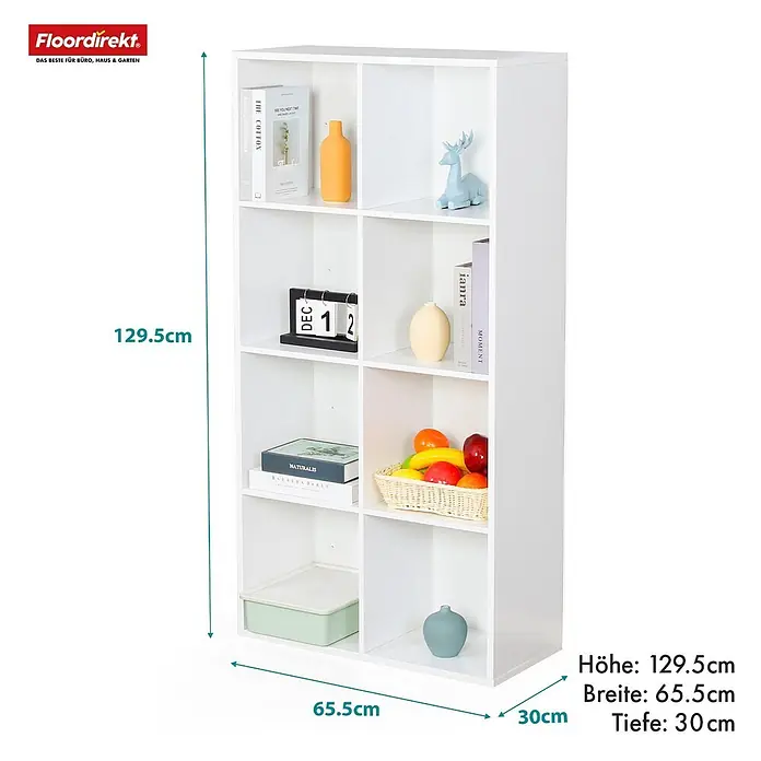 Floordirekt Holzregal Bücherregal Arkansas mit 8 Fächern - Anzahl Böden: 8 Stk., Schrauben - Weißes modulares Regal mit 8 Fächern; Maße: H 129,5cm, B 65,5cm, T 30cm.