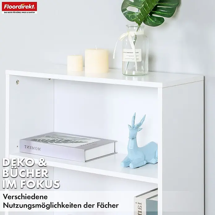 Floordirekt Holzregal Bücherregal Maine mit 4 Etagen - Anzahl Böden: 4 Stk., Schrauben - Weißes, modulares Regal mit Büchern und Deko, das vielseitige Nutzungsmöglichkeiten der Fächer zeigt.