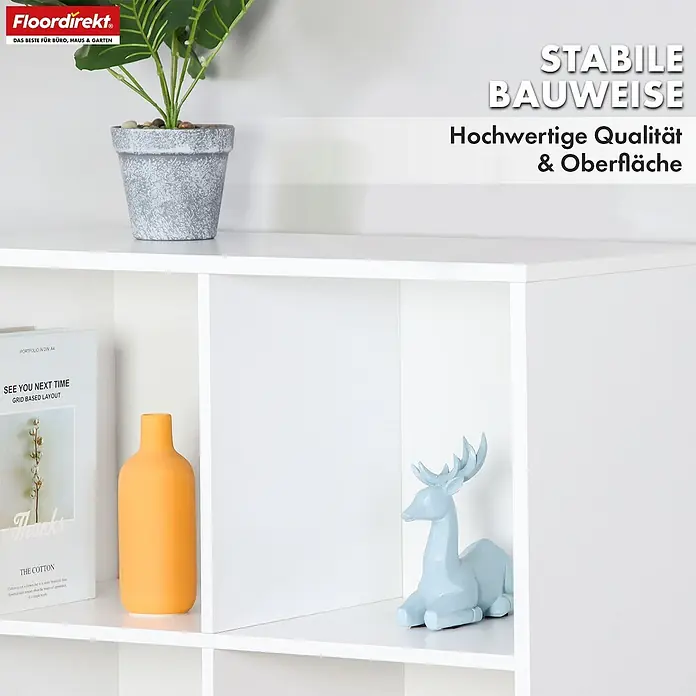 Floordirekt Holzregal Bücherregal Arkansas mit 8 Fächern - Anzahl Böden: 8 Stk., Schrauben - Weißes modulares Regal mit stabiler Bauweise und hochwertiger Oberfläche, ideal zur Organisation und Dekoration.