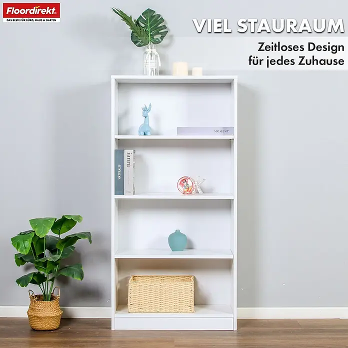 Floordirekt Holzregal Bücherregal Maine mit 4 Etagen - Anzahl Böden: 4 Stk., Schrauben - Weißes 5-Fächer-Bücherregal, das Bücher und Dekoration in einem Wohnraum präsentiert.