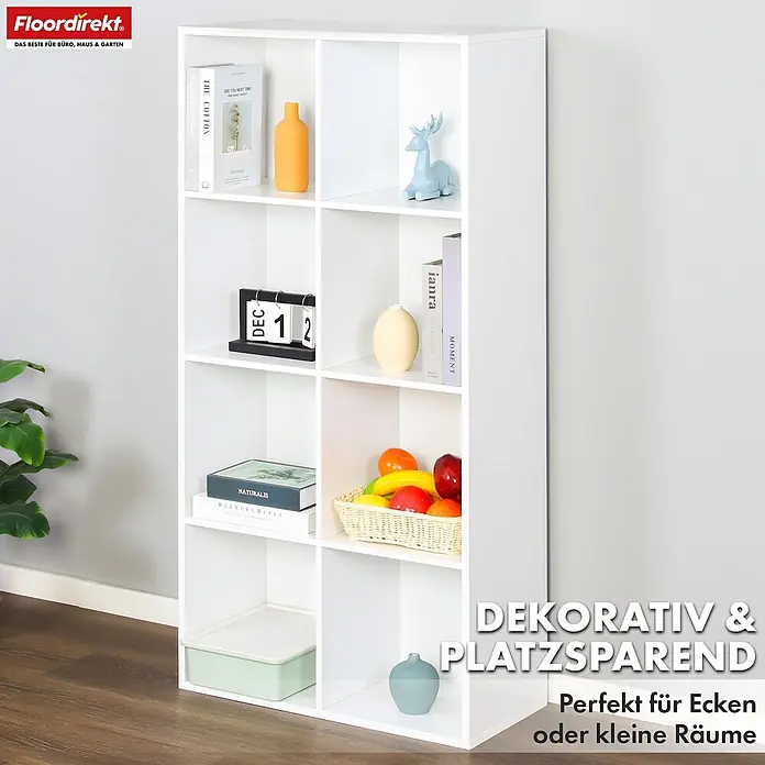Floordirekt Holzregal Bücherregal Arkansas mit 8 Fächern - Anzahl Böden: 8 Stk., Schrauben - Weißes Kubus-Regal, mit Büchern und Dekoartikeln bestückt, ideal für kleine Räume.