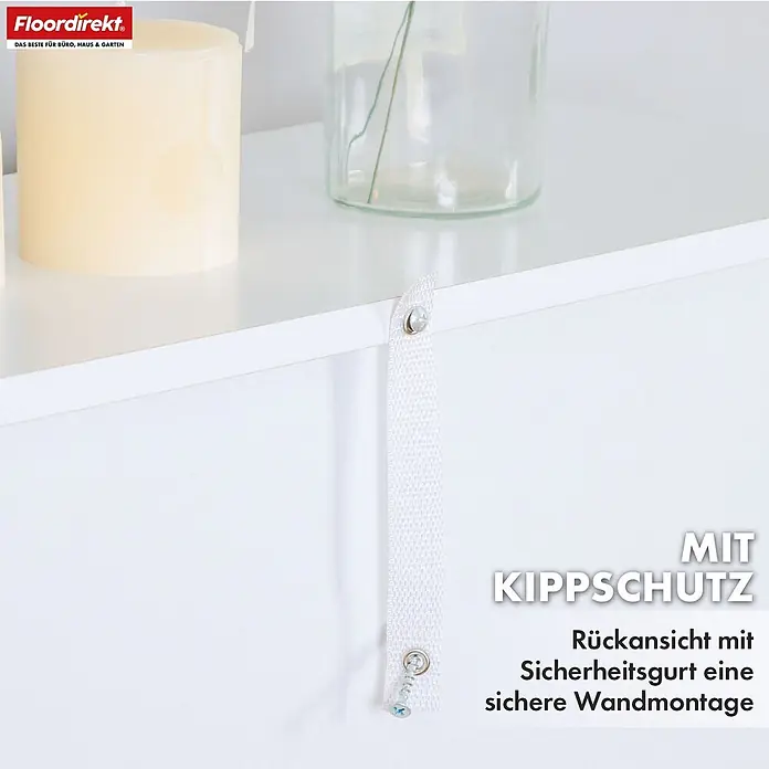 Floordirekt Holzregal Bücherregal Maine mit 4 Etagen - Anzahl Böden: 4 Stk., Schrauben - Weißes Möbelstück mit Kippschutz-Sicherheitsgurt zur sicheren Wandmontage, mit Schraube befestigt.